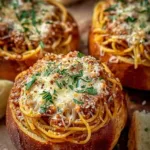 Spaghetti garlic bread bowls filled with savory pasta and topped with garlic seasoning