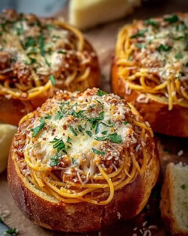 Spaghetti garlic bread bowls filled with savory pasta and topped with garlic seasoning