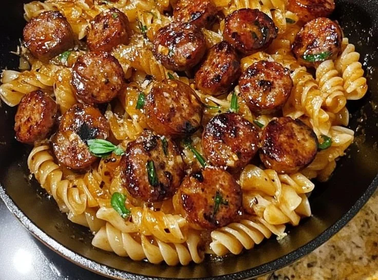 Sticky Honey Garlic Sausage Pasta Skillet