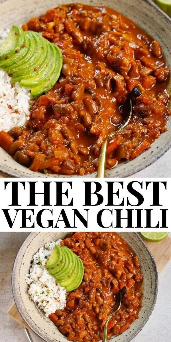 Bowl of vibrant Vegan Chili with beans and vegetables