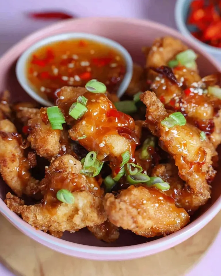 Air fryer crispy chilli chicken served with fresh vegetables and garnishes