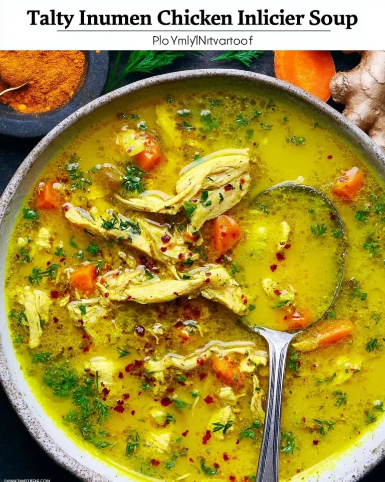 Bowl of anti-inflammatory turmeric chicken soup garnished with herbs.