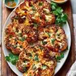 Buffalo Cauliflower Steaks topped with spicy sauce and garnished with herbs