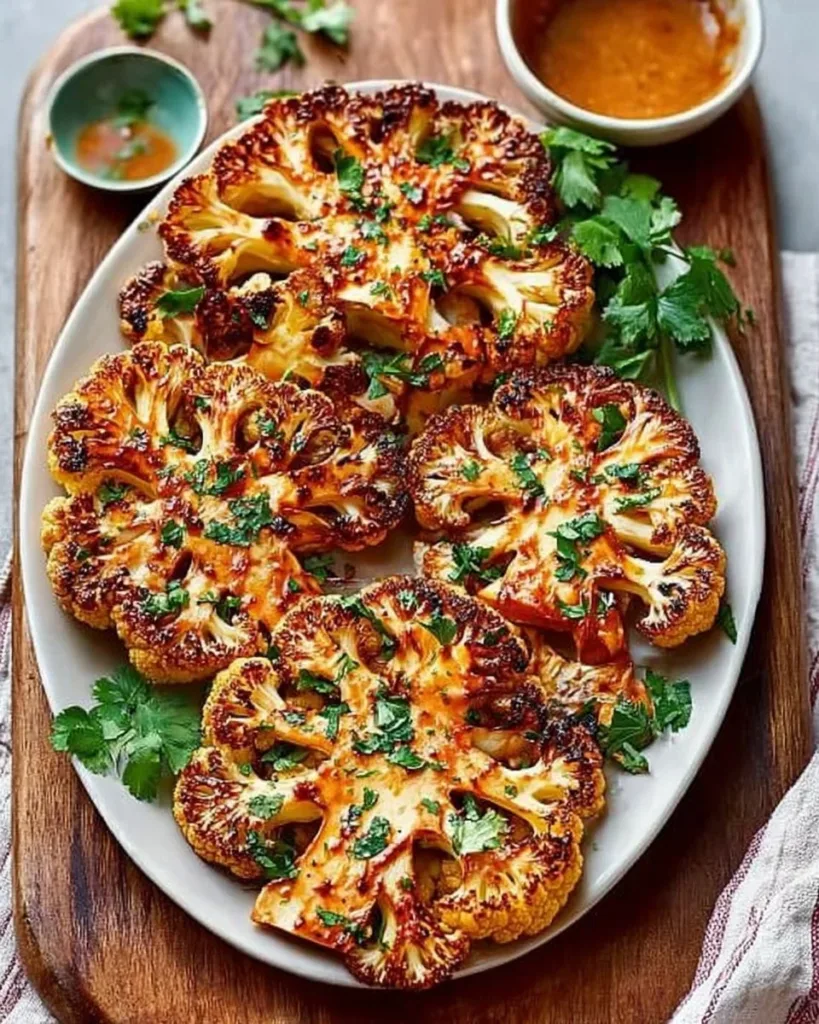 Buffalo Cauliflower Steaks topped with spicy sauce and garnished with herbs
