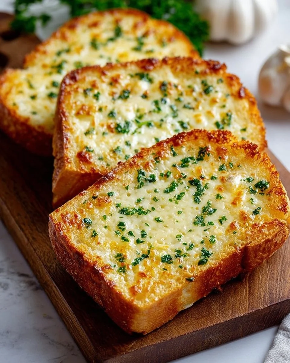 Delicious cheesy garlic bread, toasted to perfection with melted cheese