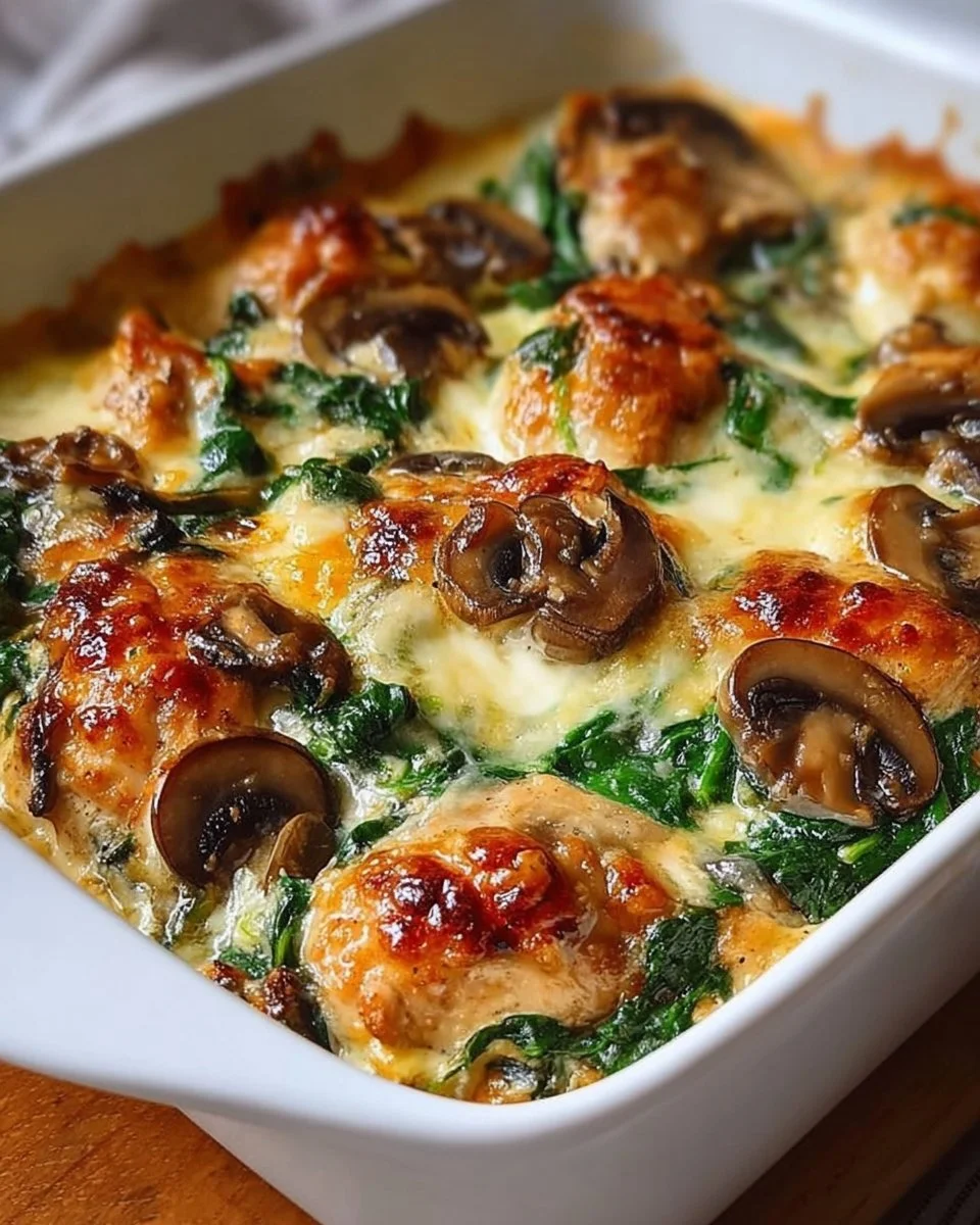 Delicious chicken spinach and mushroom low-carb casserole dish