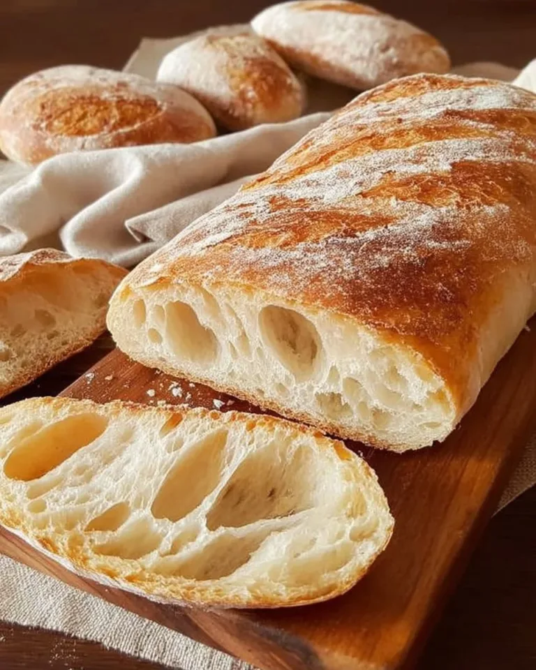 Freshly baked ciabatta bread with a crisp crust and airy interior.