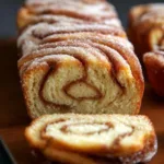 Sliced Cinnamon Swirl Donut Bread on a wooden board drizzled with icing