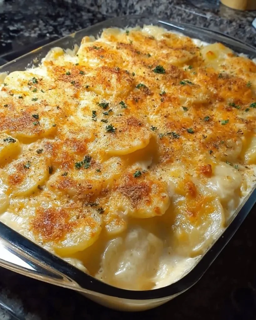 Delicious creamy cheesy side dish served in a bowl with a sprinkle of herbs