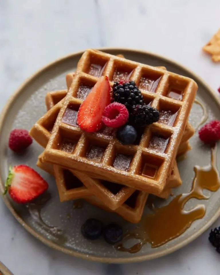 Delicious crispy buckwheat waffles served with fresh berries and syrup
