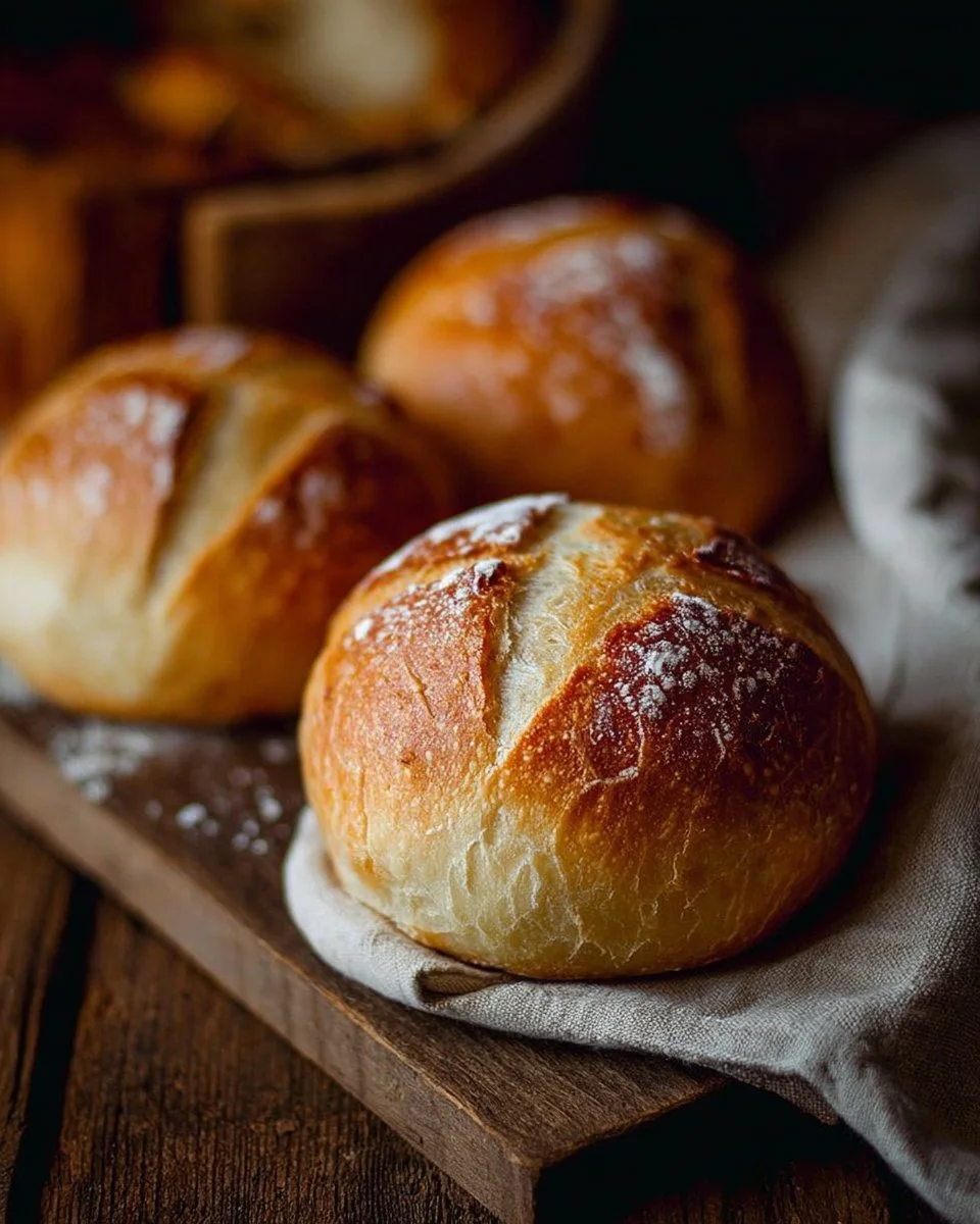 Freshly baked crusty French bread rolls on a wooden table