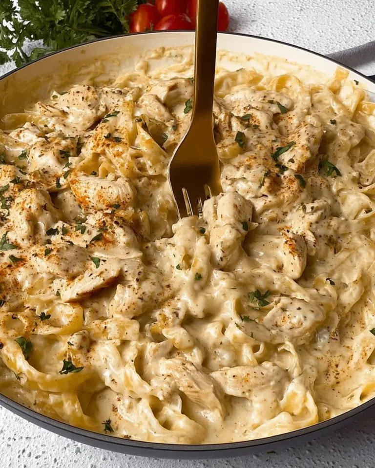 Dairy-free chicken Alfredo served in a bowl with parsley garnish