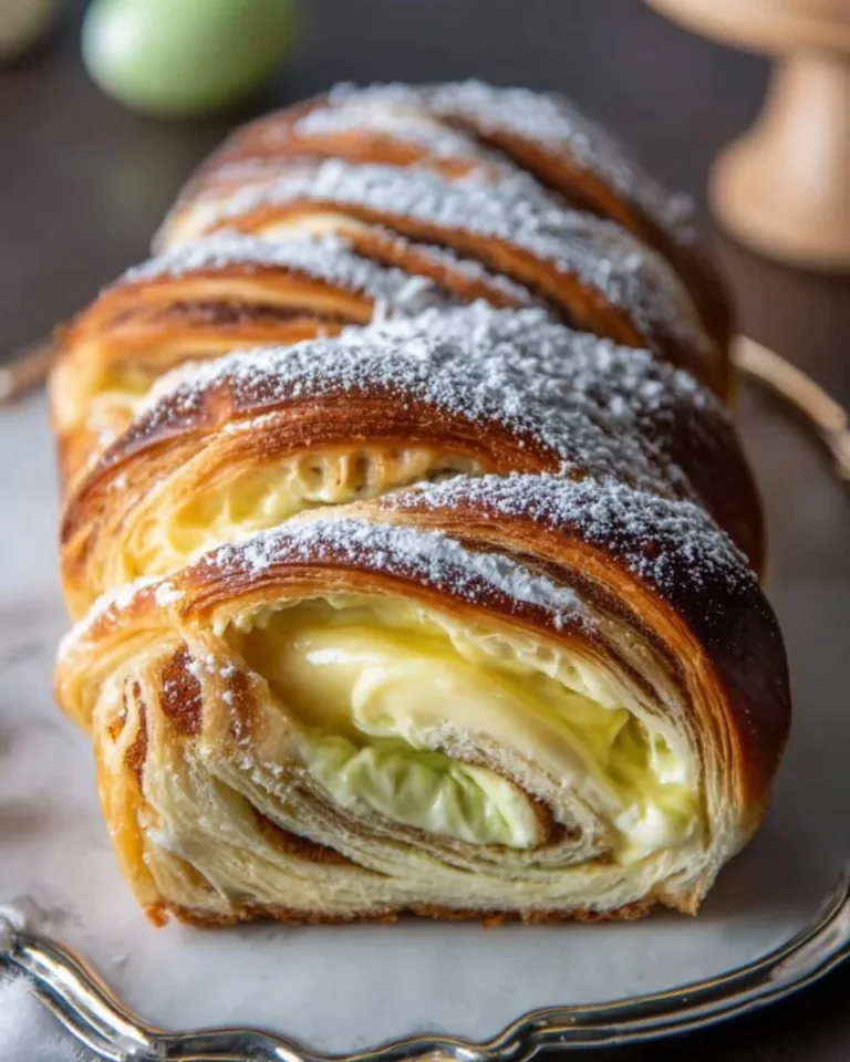Easter cream cheese babka fresh out of the oven, showcasing its flaky, swirled texture.