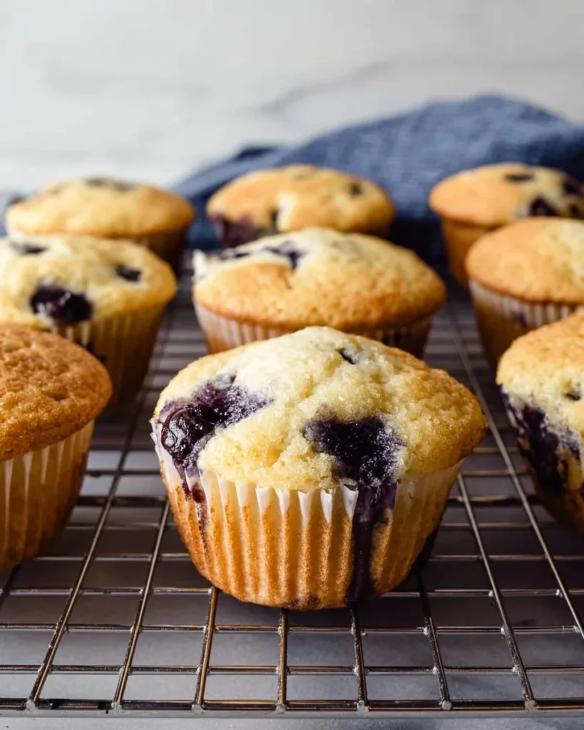 Freshly baked gluten-free blueberry muffins on a cooling rack