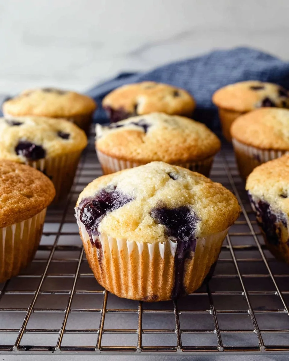 Freshly baked gluten-free blueberry muffins on a cooling rack