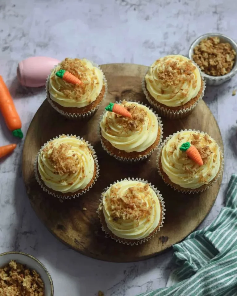 Gluten-free carrot cake cupcakes topped with cream cheese frosting