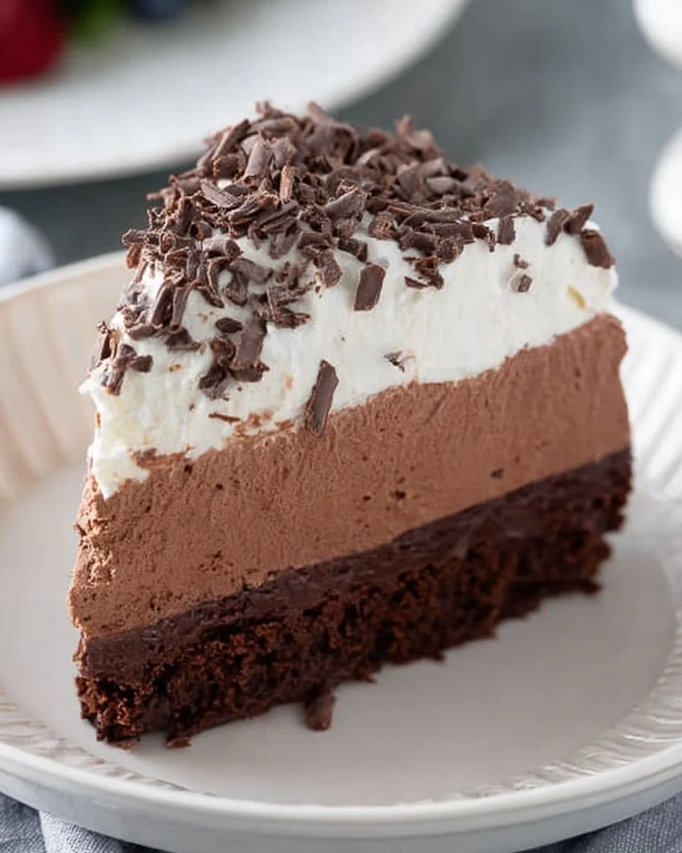 Gluten-free chocolate mousse cake with rich chocolate topping and garnishes