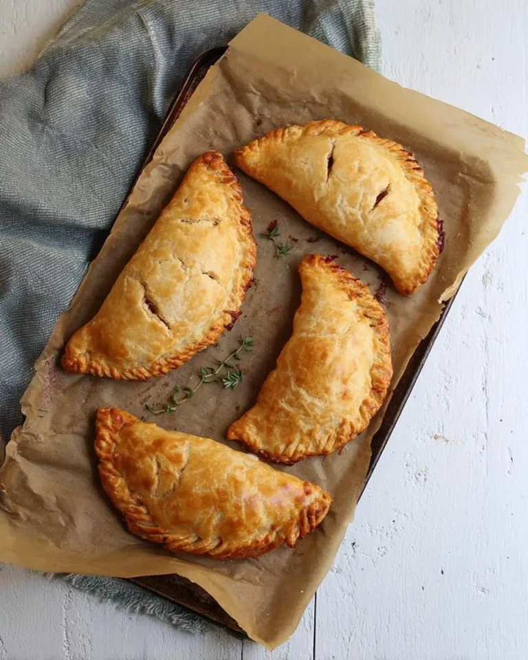 Gluten-free Cornish pasties filled with savory ingredients on a wooden table