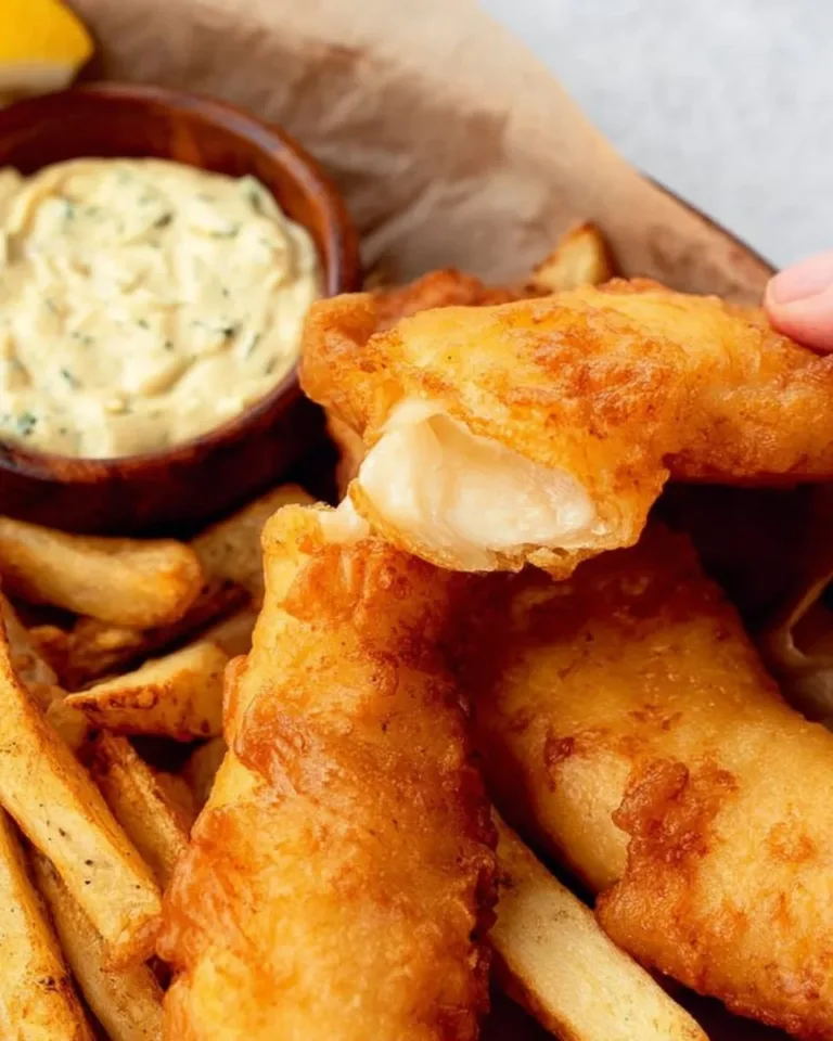 Plate of gluten-free fish and chips served with tartar sauce and lemon