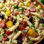 Bowl of gluten-free Italian pasta salad with vibrant vegetables and dressing