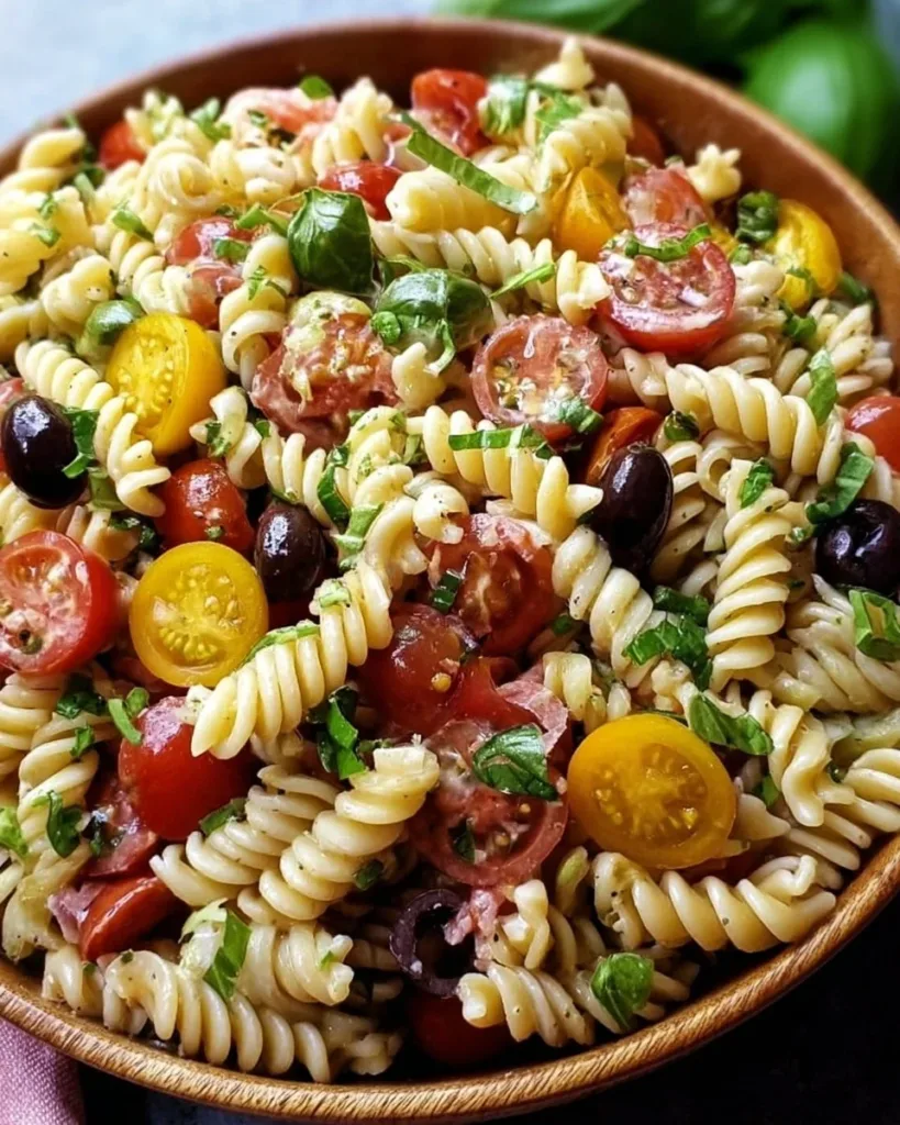 Bowl of gluten-free Italian pasta salad with vibrant vegetables and dressing