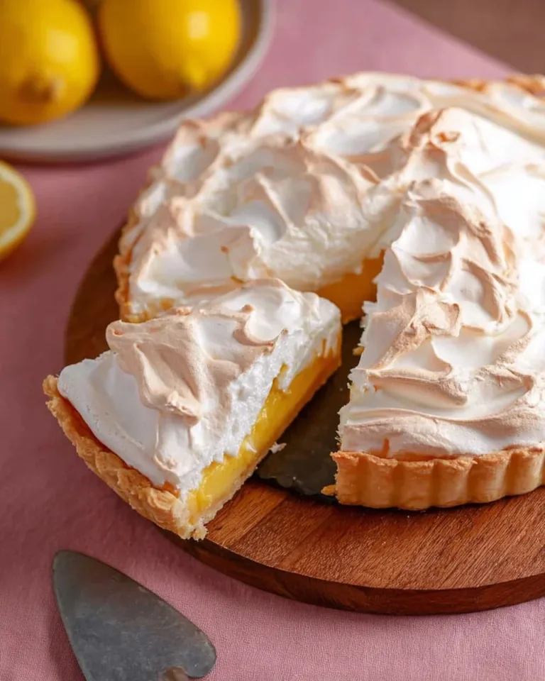Gluten-free lemon meringue pie with a fluffy meringue topping and lemon filling.