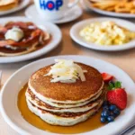 Delicious gluten-free pancakes stacked high with syrup and berries.