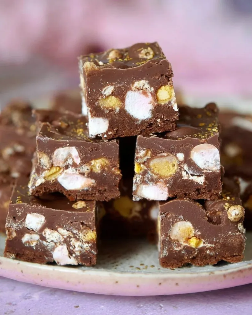 Delicious gluten free rocky road dessert with chocolate, nuts, and marshmallows