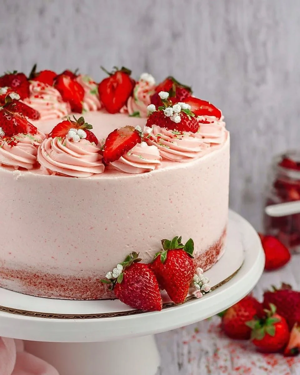 Gluten-free strawberry cake topped with fresh strawberries and whipped cream