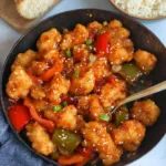 Gluten-free sweet and sour chicken served with colorful vegetables