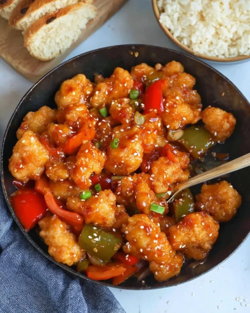 Gluten-free sweet and sour chicken served with colorful vegetables