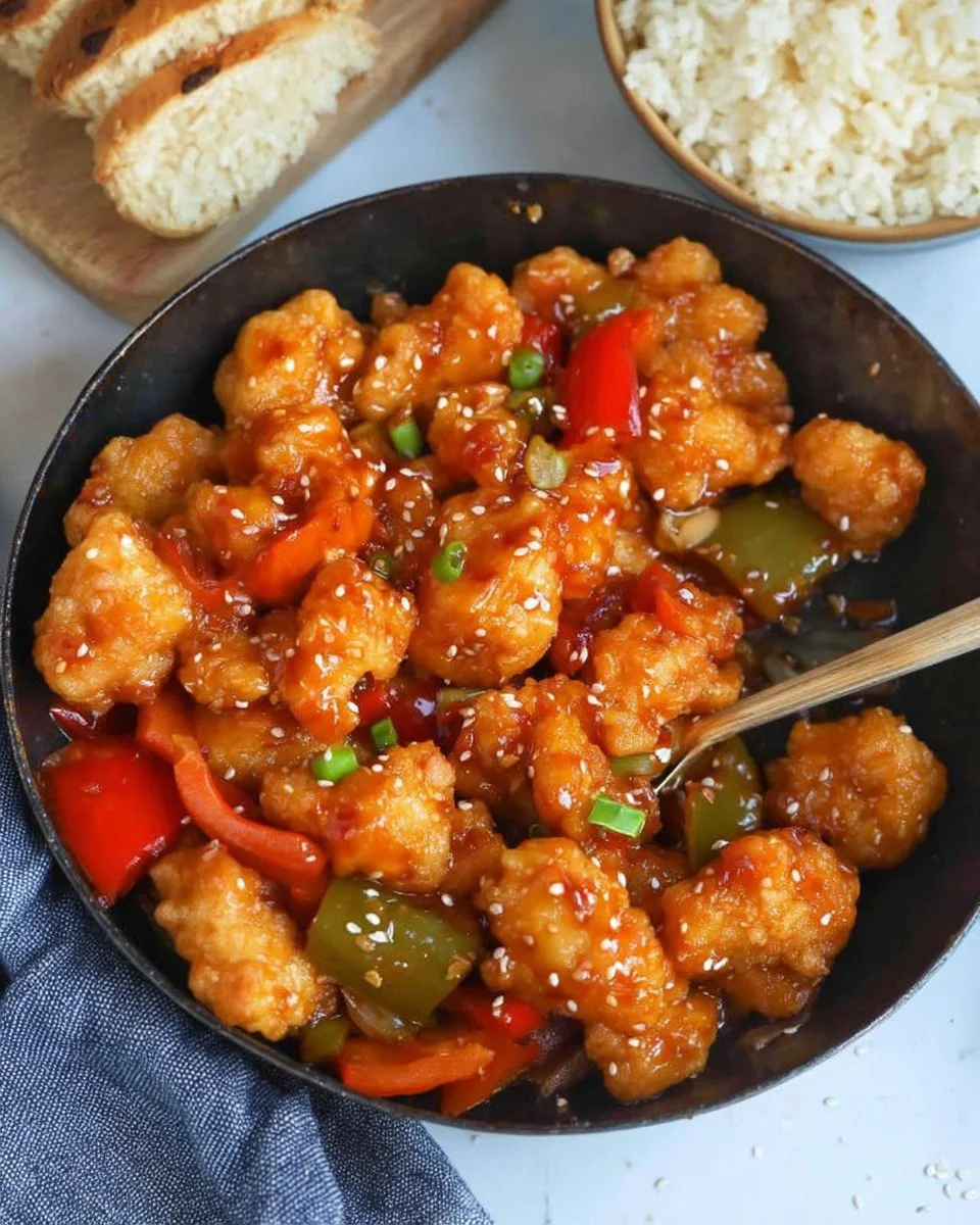 Gluten-free sweet and sour chicken served with colorful vegetables