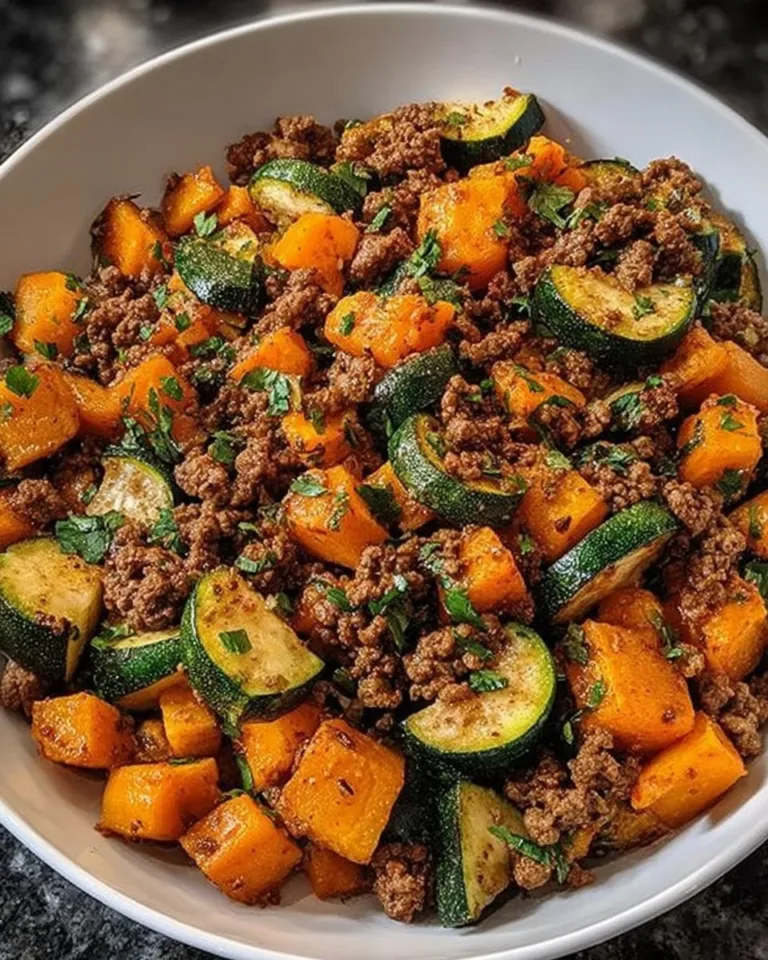 Ground beef zucchini sweet potato skillet cooked and served in a pan