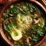 Bowl of healing ginger garlic broth with rice noodles and herbs