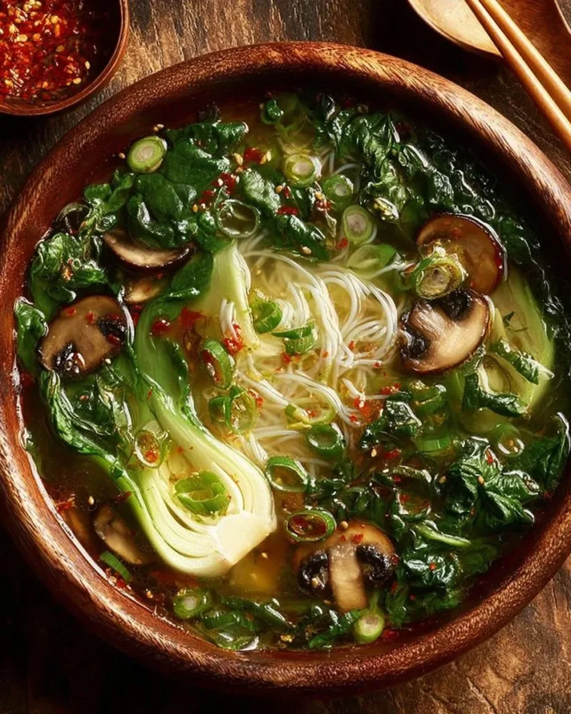 Bowl of healing ginger garlic broth with rice noodles and herbs