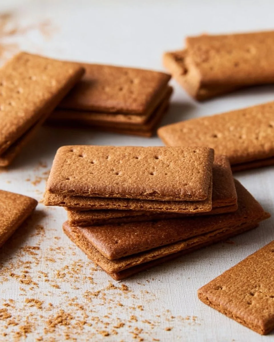 Batch of homemade gluten-free graham crackers on a wooden board.