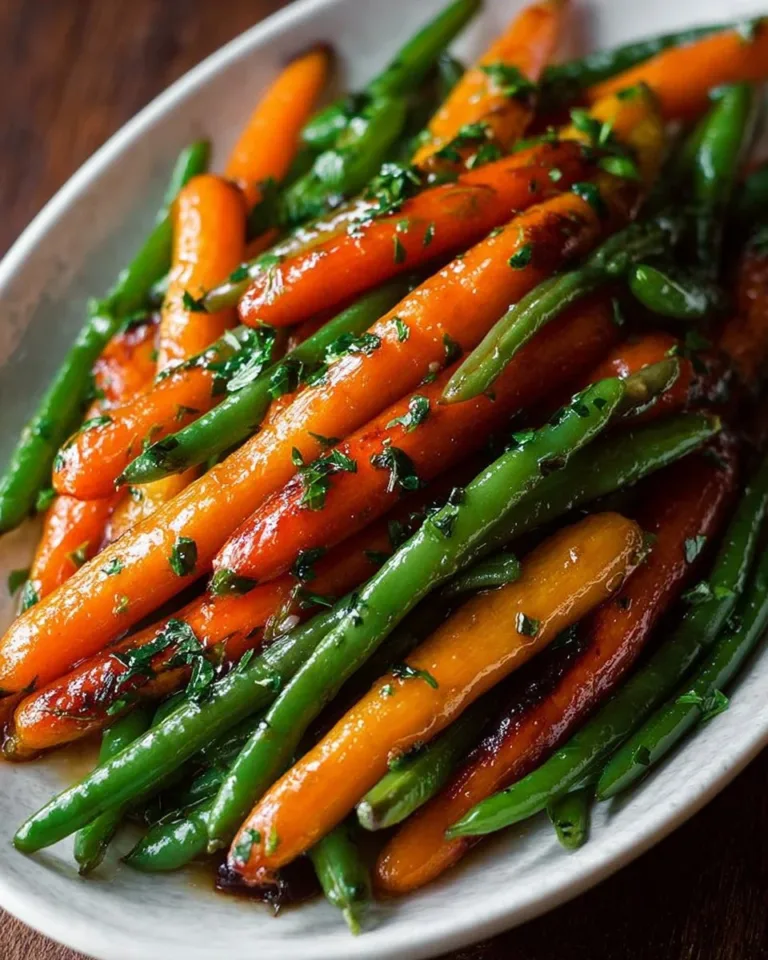 Honey glazed carrots and green beans on a plate, served as a delicious side dish.