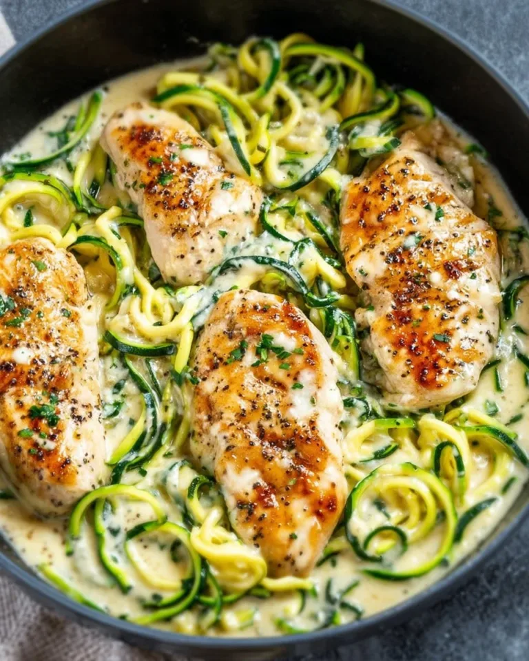 Keto Chicken Alfredo with zoodles served in a bowl