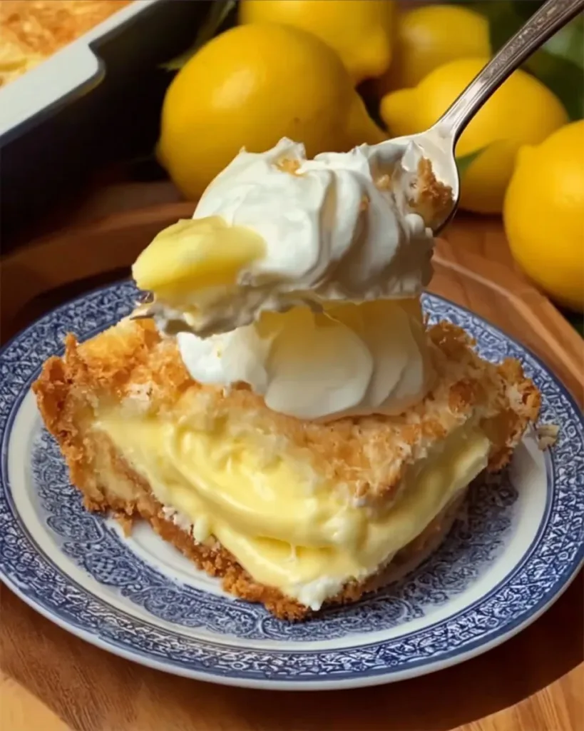 Lemon cream cheese dump cake topped with fresh lemon slices