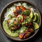 Plate of Peruvian chicken with creamy green sauce garnished with cilantro and lime.