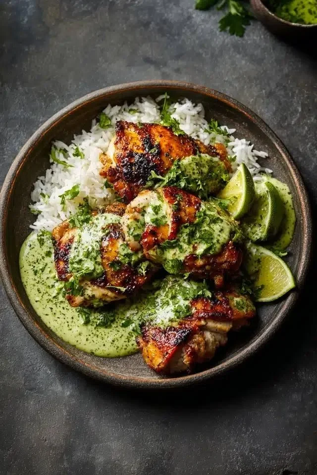 Plate of Peruvian chicken with creamy green sauce garnished with cilantro and lime.