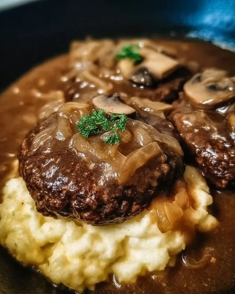Salisbury steak served with garlic mashed potatoes and mushroom onion gravy