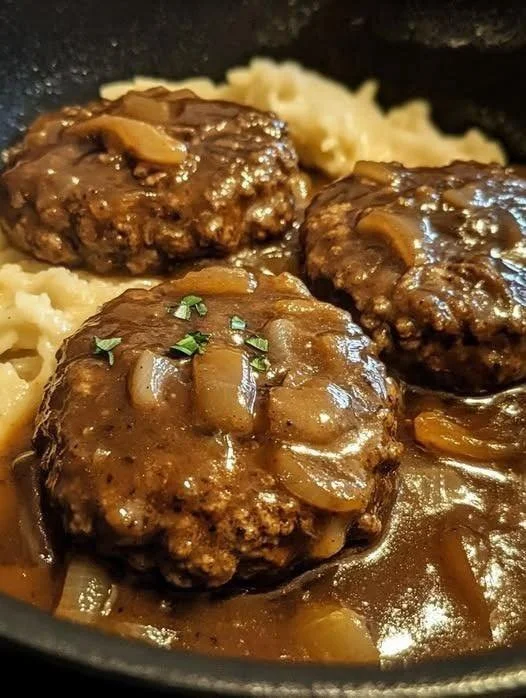 Salisbury Steak with Garlic Mashed Potatoes and Mushroom & Onion Gravy