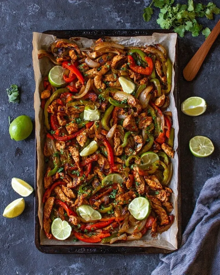Colorful sheet pan fajitas with peppers, onions, and sliced chicken ready to serve.
