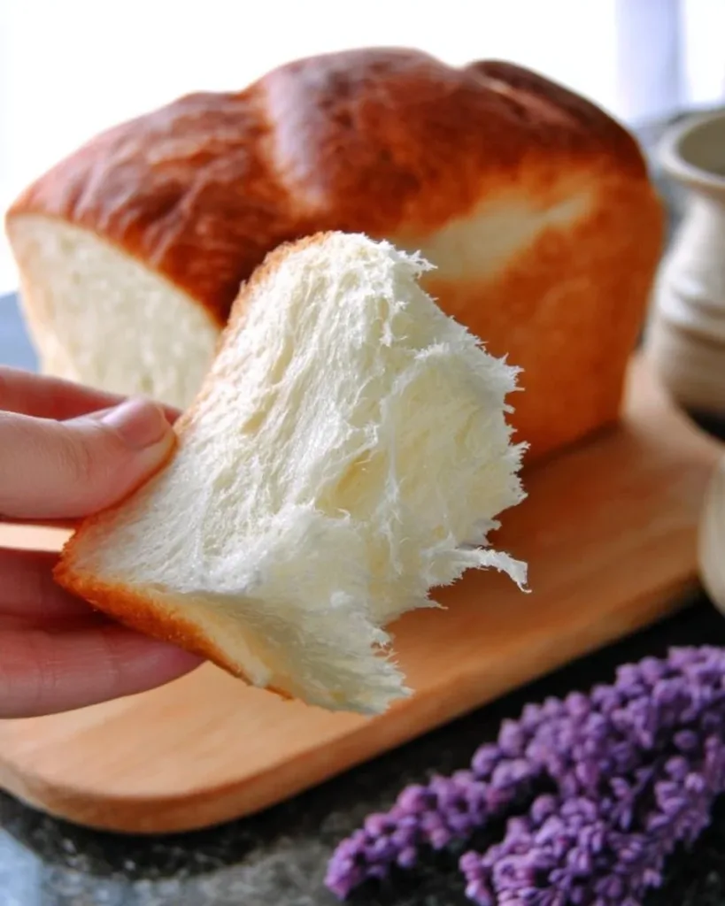 Freshly baked Tangzhong White Bread loaf on a wooden cutting board