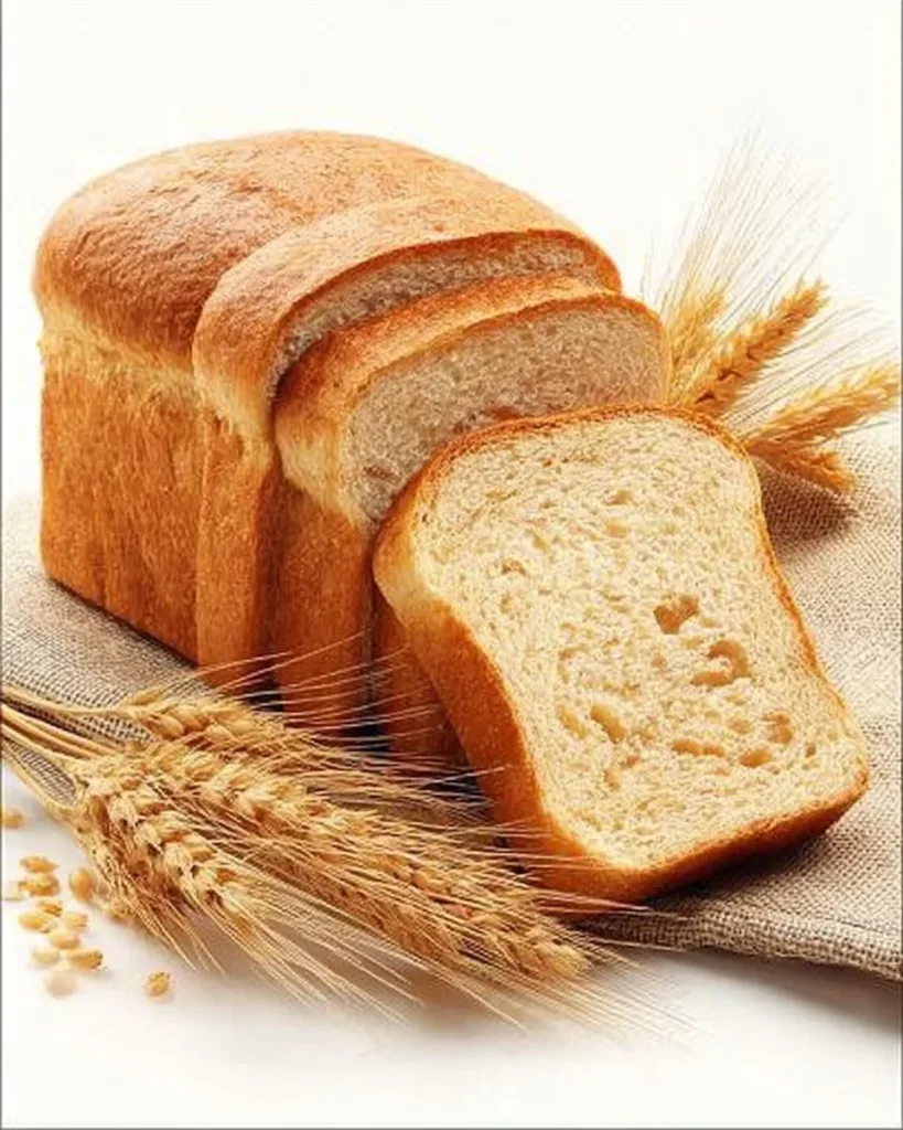 Three slices of wheat bread with wheat ears and grains on the side