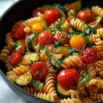 Delicious Tomato Zucchini Pasta garnished with fresh herbs