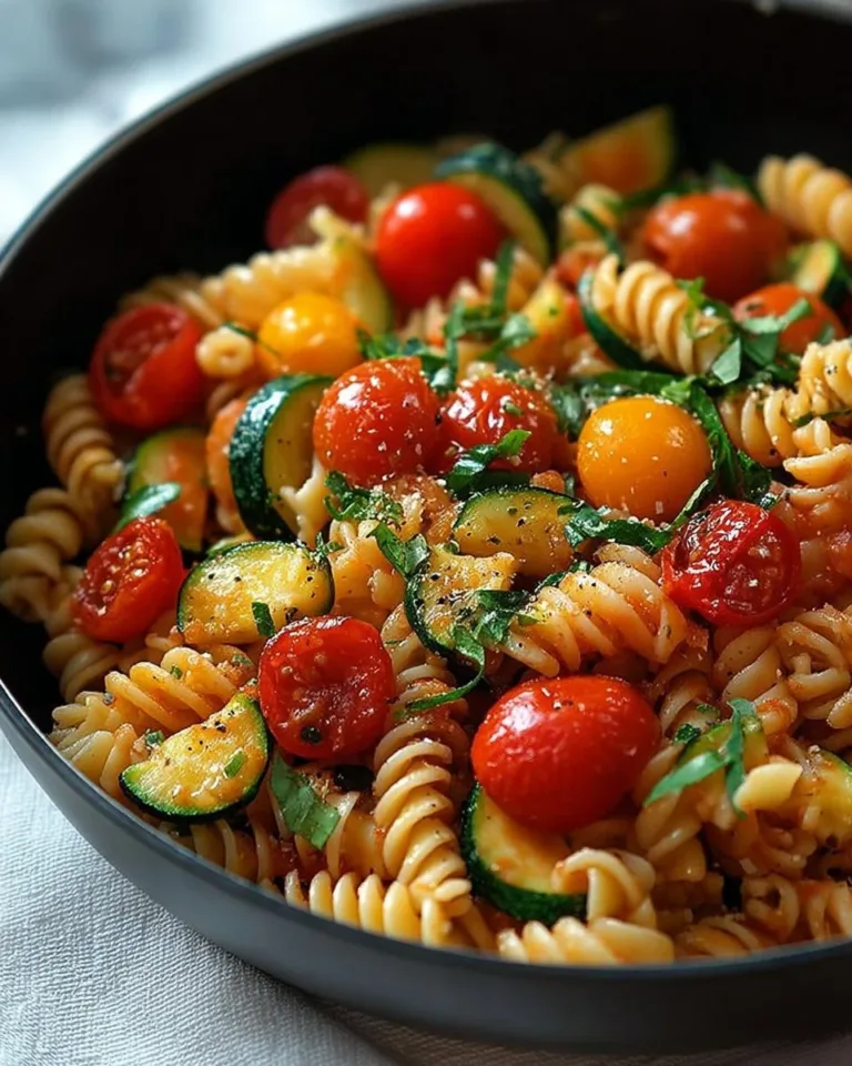 Delicious Tomato Zucchini Pasta garnished with fresh herbs