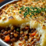 Vegan Lentil Shepherd's Pie topped with creamy mashed potatoes and fresh herbs