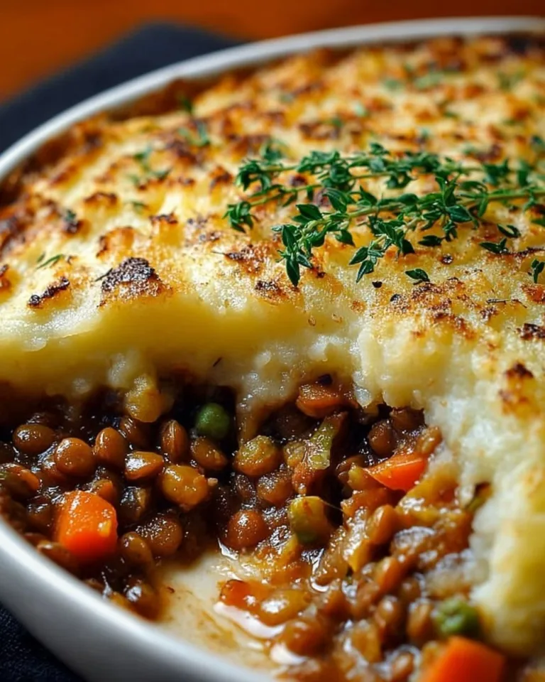 Vegan Lentil Shepherd's Pie topped with creamy mashed potatoes and fresh herbs